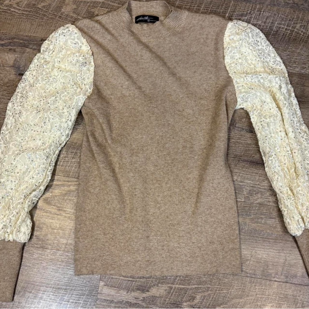Beige Tan Sweater With Lace Sequins Sleeves